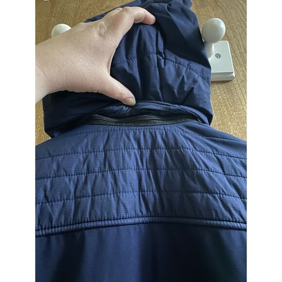 New Balance Quilted Fleece Running Jacket Navy Hooded Zip Side Pockets Sz Small - Picture 11 of 16